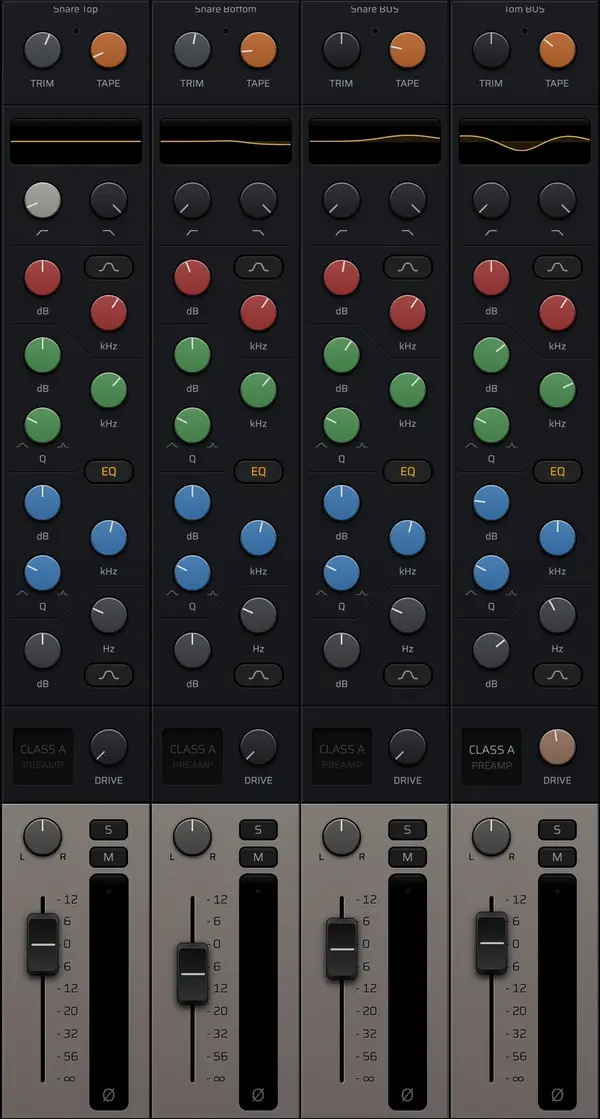Four channel strips, Snare Top, Snare Bottom, Snare Bus and Tom Bus, each with trim, tape, EQ, drive, pan, solo, mute and a fader.