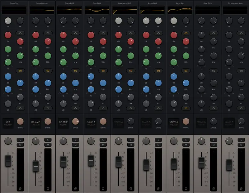 Nine strips in EQ focus, each with its EQ curve, filters, three bands, preamp and drive above the fader.