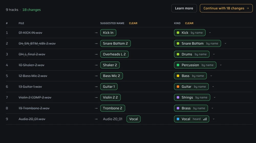 Nine imported files with their suggested names and the kind of source MIX found on each, such as Kick, Snare Bottom, Bass and Vocal, and a button to continue with the changes.