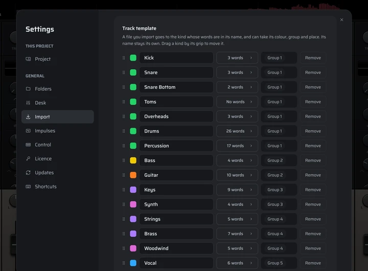 The import settings: a track template listing kinds such as Kick, Snare, Drums, Bass, Guitar, Keys and Vocal, each with its colour, the words it matches and its group.