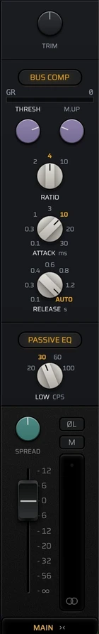 The main bus, wide and narrow: trim, the bus compressor, the passive EQ, spread, mono and the main fader, and beside it the level meter set to peak.