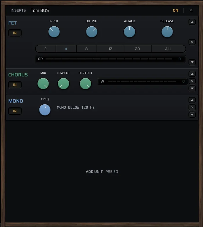The inserts on the Tom Bus: a FET compressor, a chorus, and a mono unit set to mono below 120 Hz, with room to add more units before the EQ.
