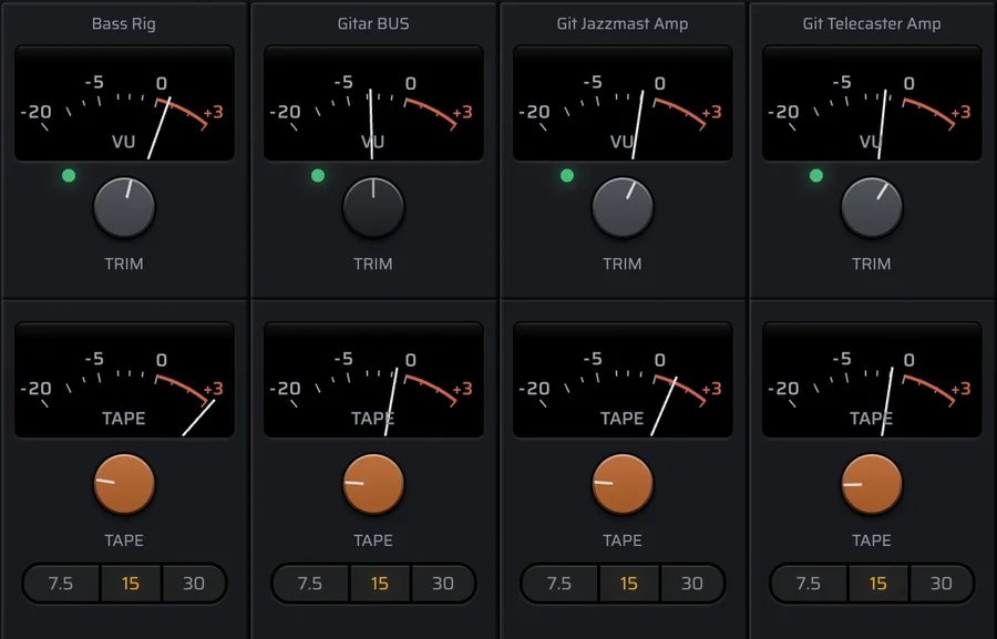 Four strips, each with a VU meter above the trim and another above the tape, the needles close to 0, and the tape speed set to 15.