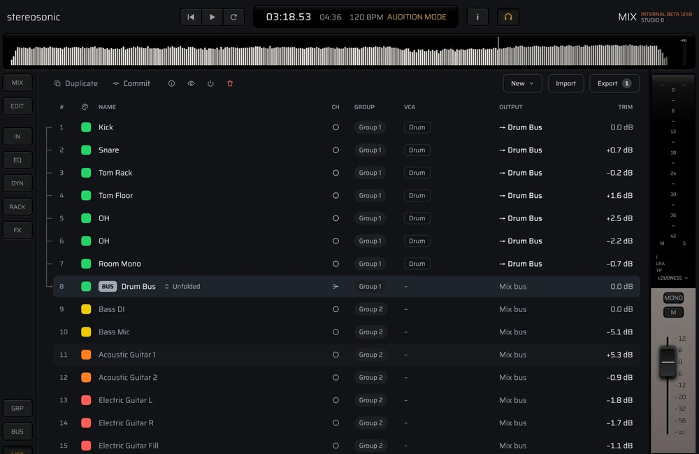 The track list: the drums routed to a drum bus with a VCA, then bass and guitars, each track with its colour, group, output and trim.