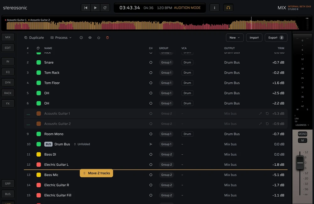 Two acoustic guitar tracks being dragged to a new place in the track list.